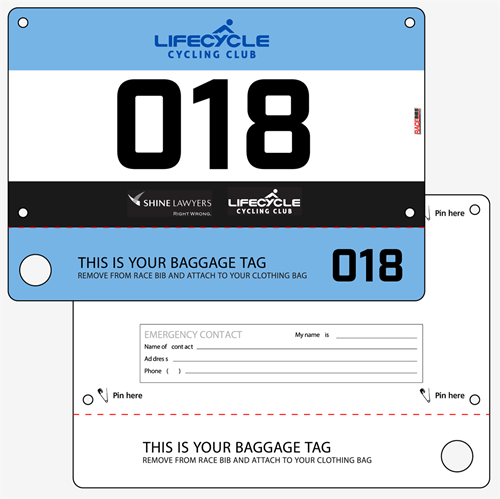 Picture of Full Colour Front, Black and White Reverse Race Bibs with Tear off Tags