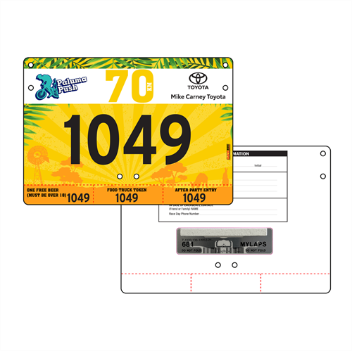 Show details for Full Colour Front, Black and White Reverse Economical Race Numbers with Tear off Tags