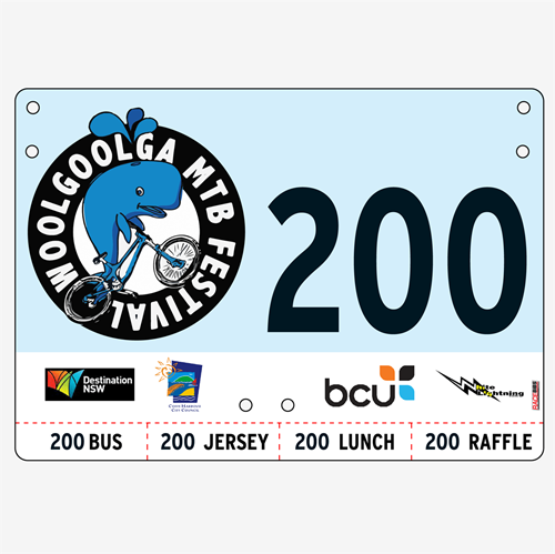 Show details for Full Colour Front, Black and White Reverse Economical Race Numbers with Tear off Tags
